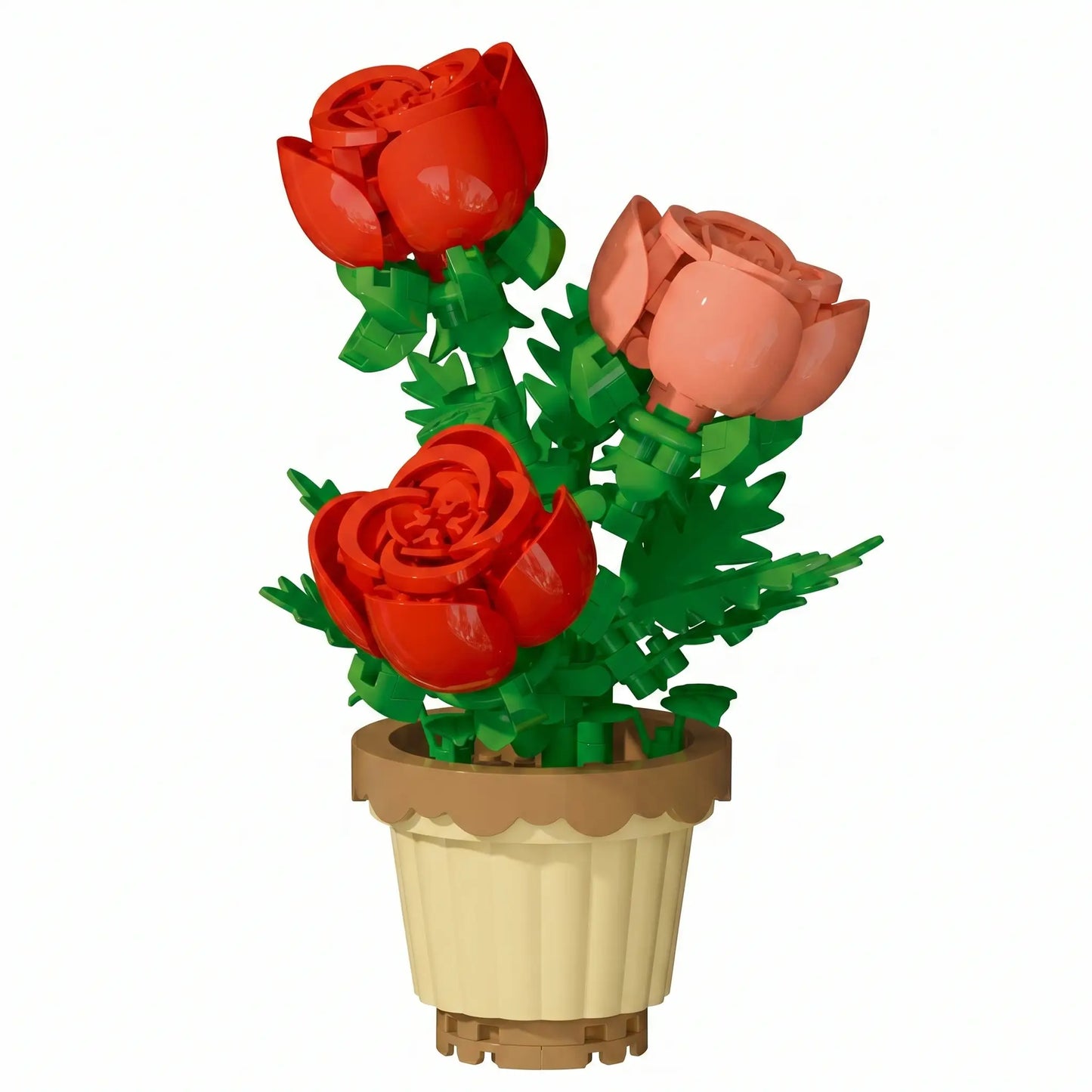 Nanoblock mini fleur bouquet en lego rouge et pêche avec feuilles vertes dans pot beige disponible en magasins de jouets