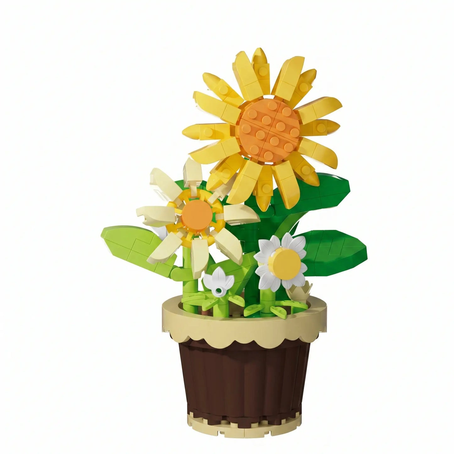 Nanoblock mini fleur avec pot en lego vibrant composé de tournesol jaune, marguerites blanches et feuilles vertes dans un magasin de jouets