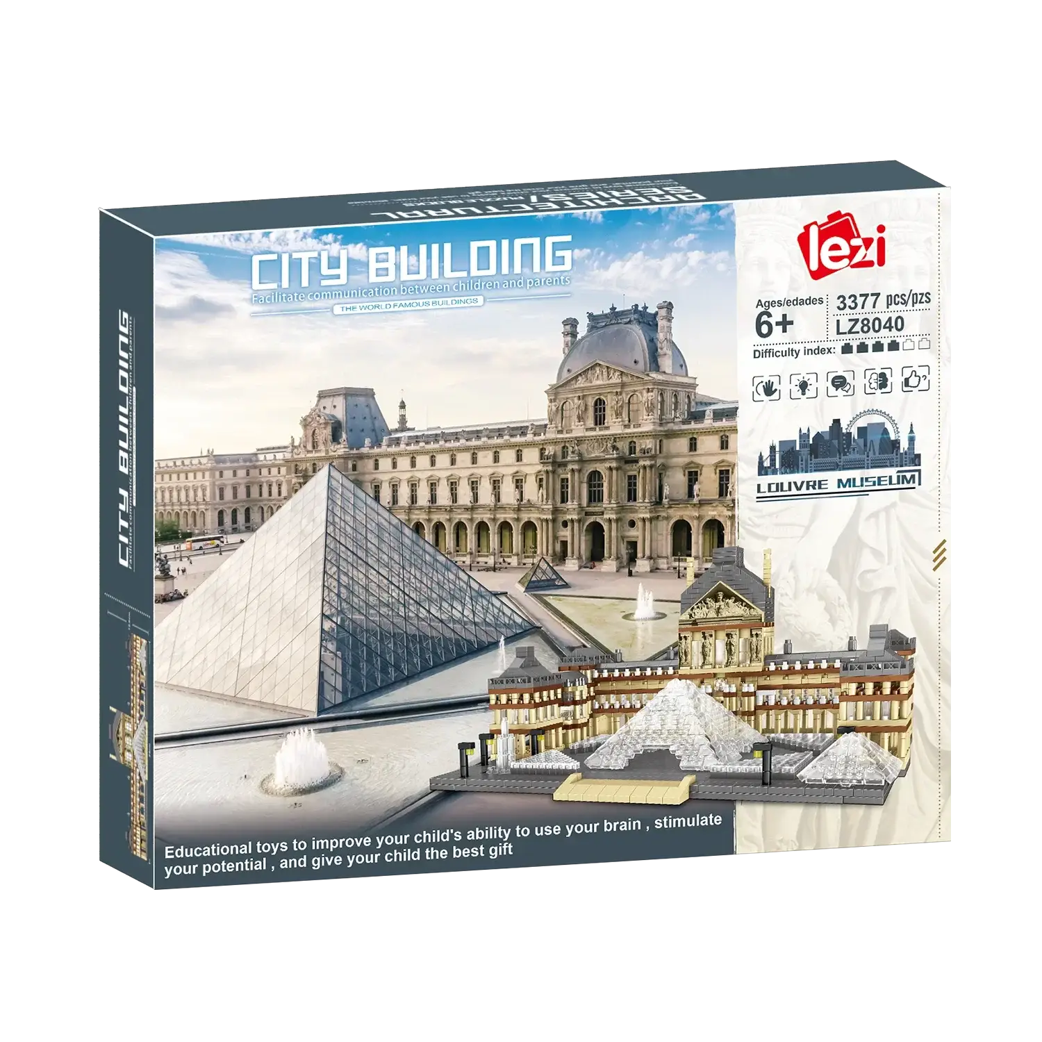 Modèle nanoblock louvre pyramide en plastique avec led intégrées représentant la pyramide du louvre et son architecture classique
