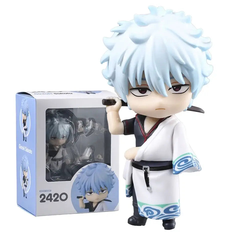 Nendoroid figurine gintama sakata gintoki chibi avec cheveux bleus clair et tenue traditionnelle blanche noire à motifs tourbillons teal