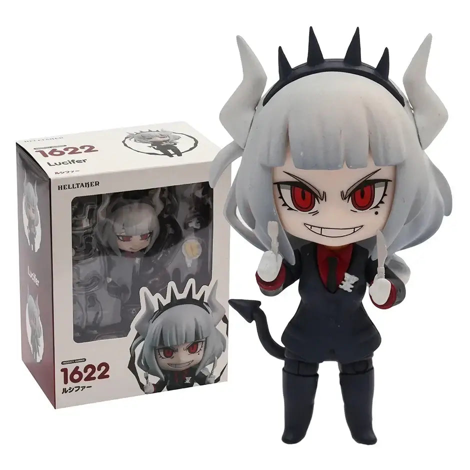 Figurine nendoroid helltaker lucifer chibi cheveux argentés yeux rouges cornes noires en costume bleu marine