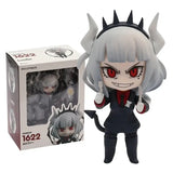 Figurine nendoroid helltaker lucifer chibi cheveux argentés yeux rouges cornes noires en costume bleu marine