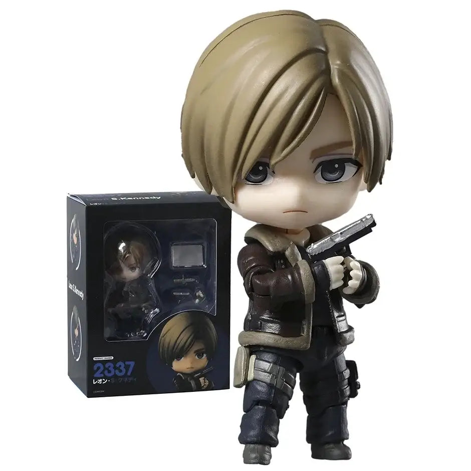 Figurine resident evil nendoroid 2337 de leon kennedy en vinyle chibi avec veste en cuir marron et pistolet argenté