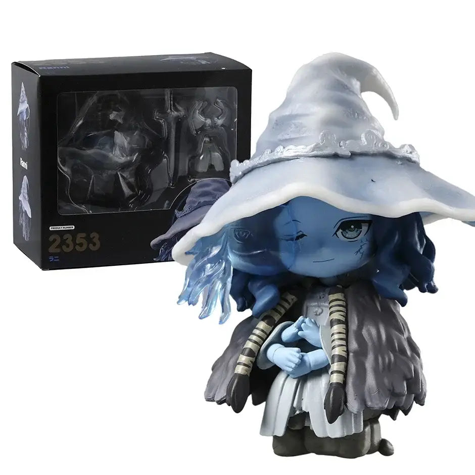 Figurine articulée elden ring nendoroid ranni la sorcière avec peau bleue chapeau blanc large et capuche grise en couches