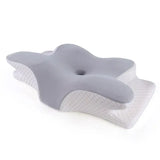 Oreiller mousse mémoire gris et blanc avec soutien lombaire ergonomique en tissu matelassé pour sommeil réparateur