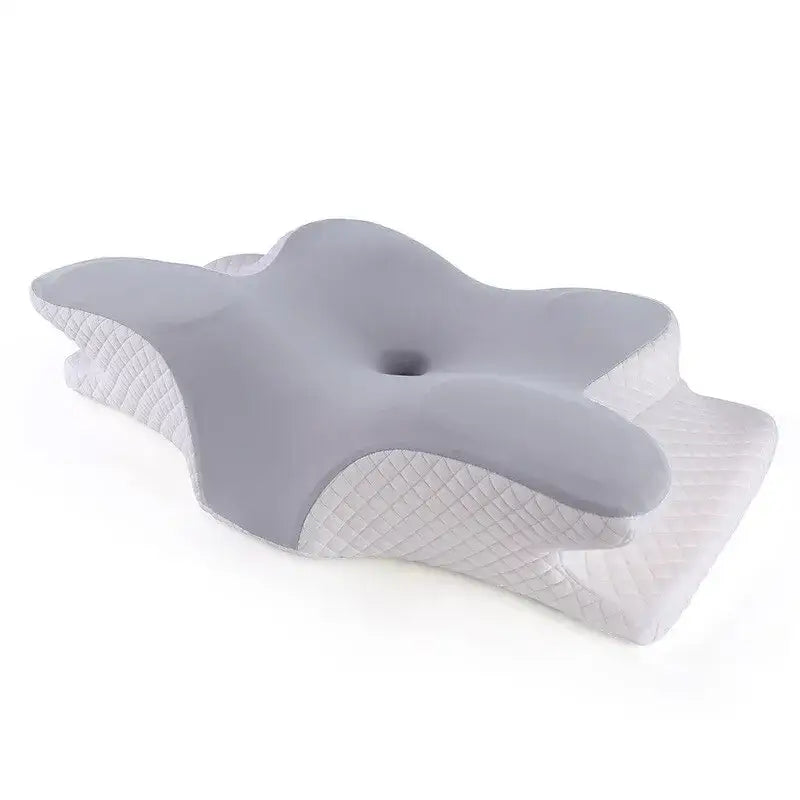 Oreiller mousse mémoire gris et blanc avec soutien lombaire ergonomique en tissu matelassé pour sommeil réparateur