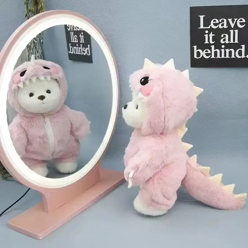 Ours peluche rose en tissu peluche avec pics blancs et capuche style dinosaure pour tenue cosplay