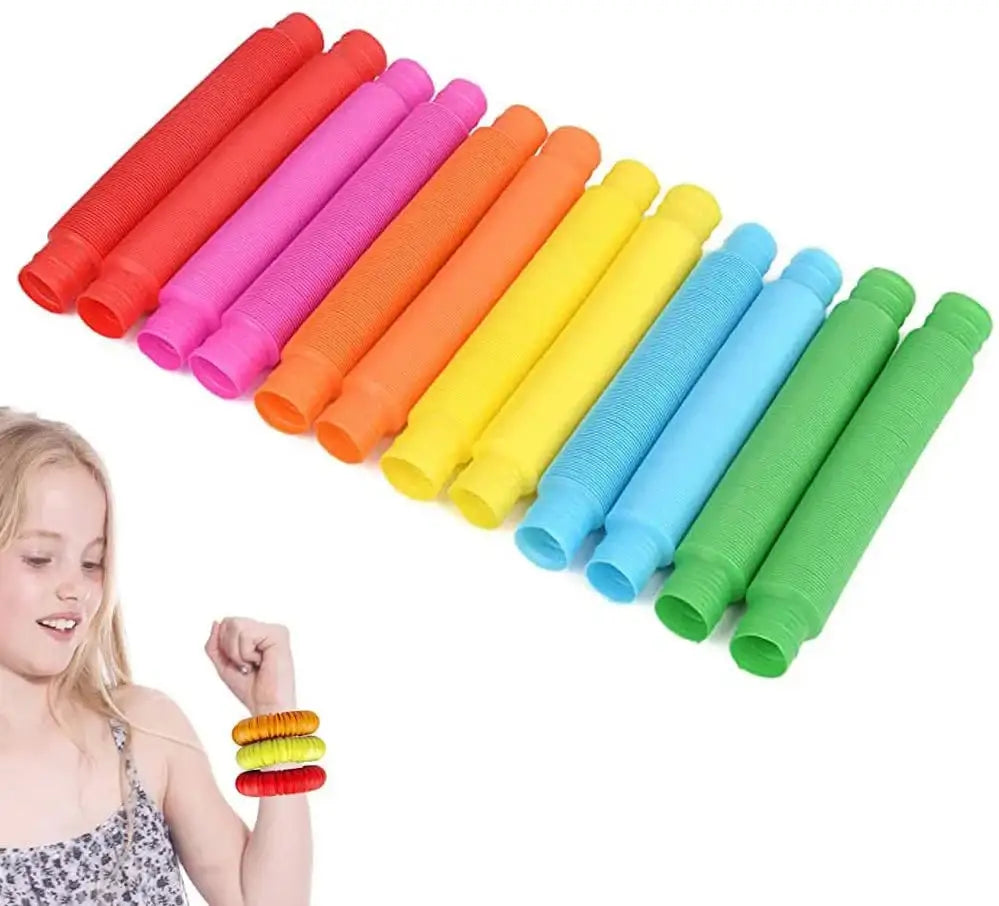Pack 4 mini tubes anti-stress flexibles arc-en-ciel pour motricité fine et jouets sensoriels