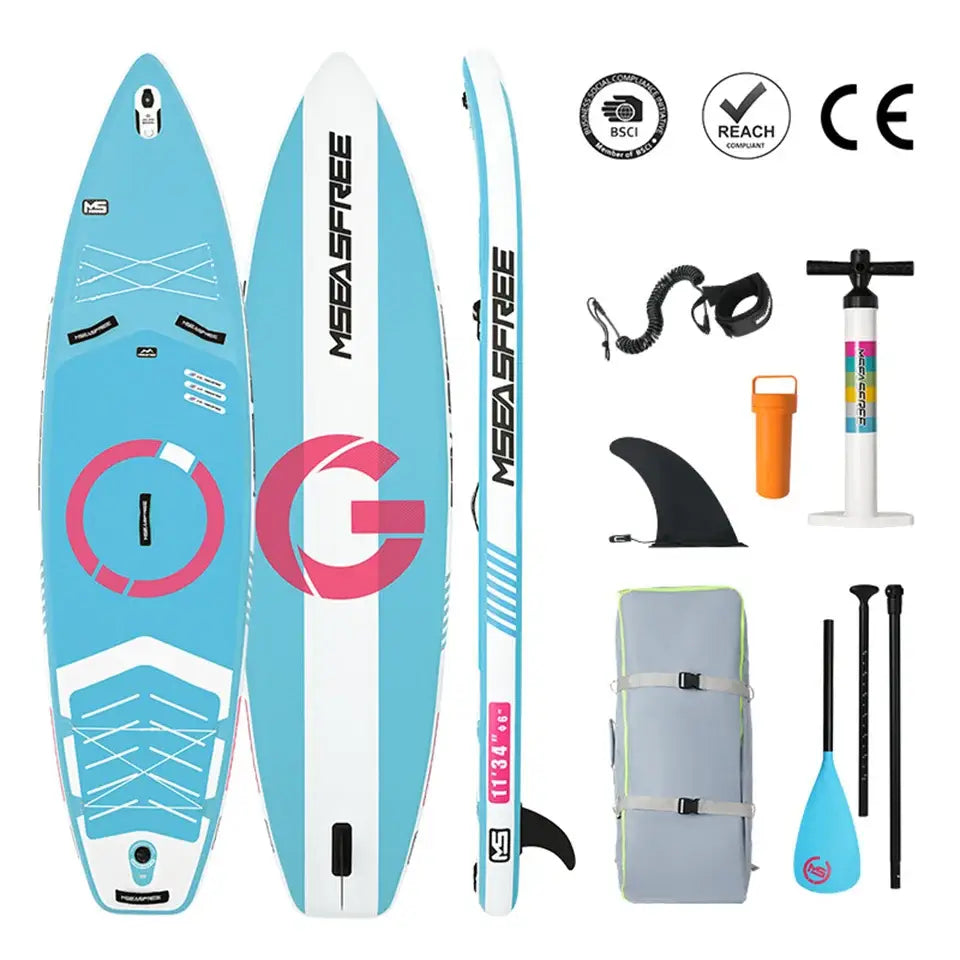 Paddle gonflable antidérapant bleu clair et blanc msa sfree avec logo rose stabilité exceptionnelle et rangement sécurisé