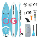 Paddle gonflable antidérapant bleu clair et blanc msa sfree avec logo rose stabilité exceptionnelle et rangement sécurisé