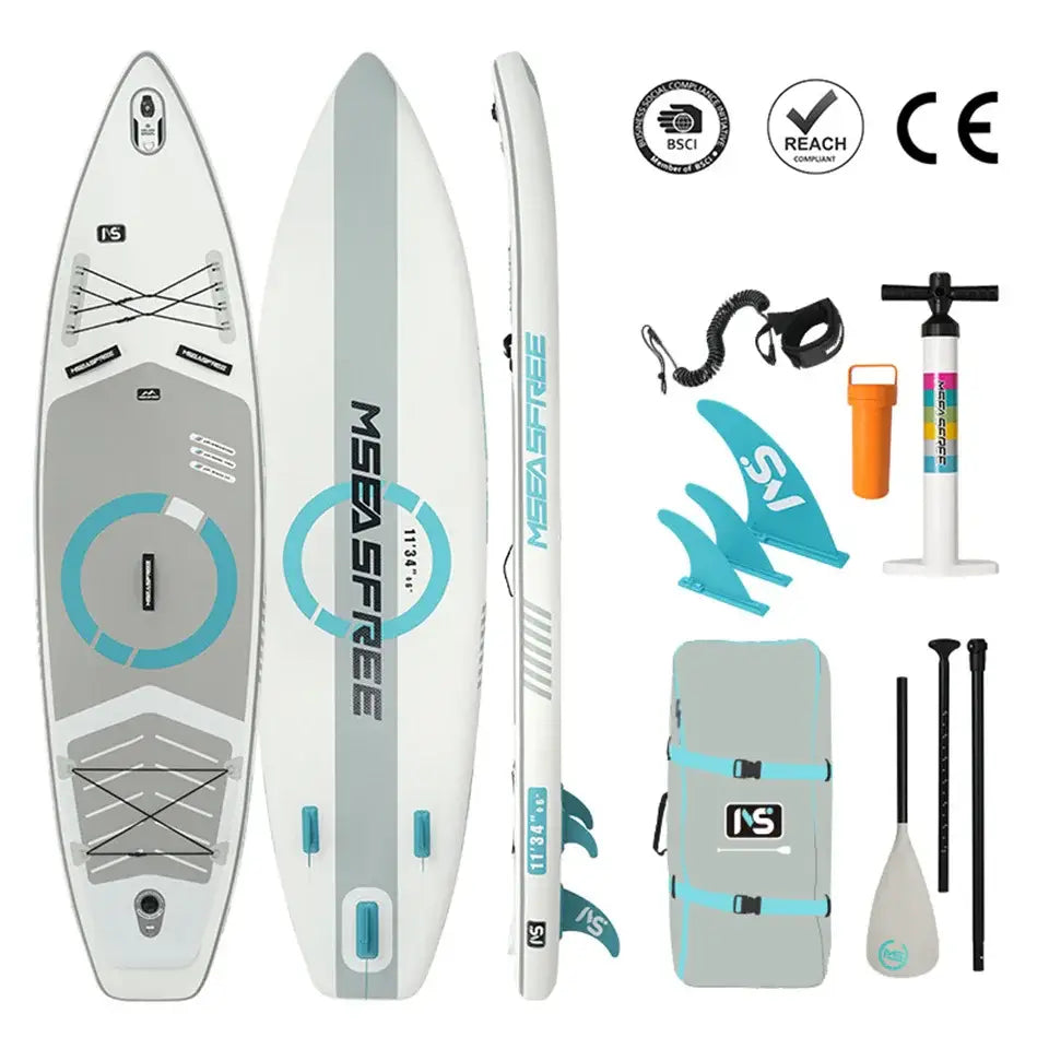 Paddle gonflable antidérapante white and gray with teal accents by mseasfree offrant stabilité exceptionnelle et rangement sécurisé