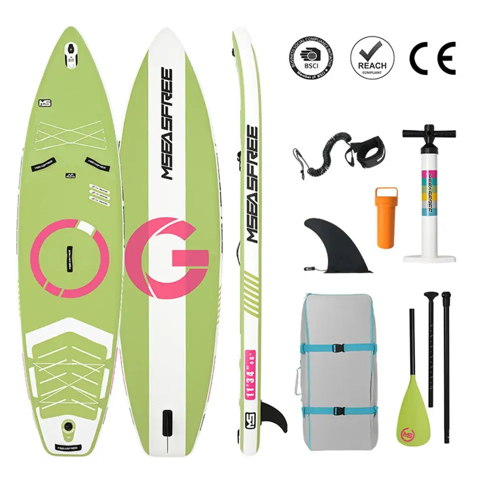 Paddle gonflable antidérapant lime vert et blanc avec logo mseasfree pour stabilité exceptionnelle et rangement sécurisé