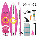 Paddle gonflable antidérapant rose et blanc avec logo jaune, stabilité exceptionnelle et rangement sécurisé inclus