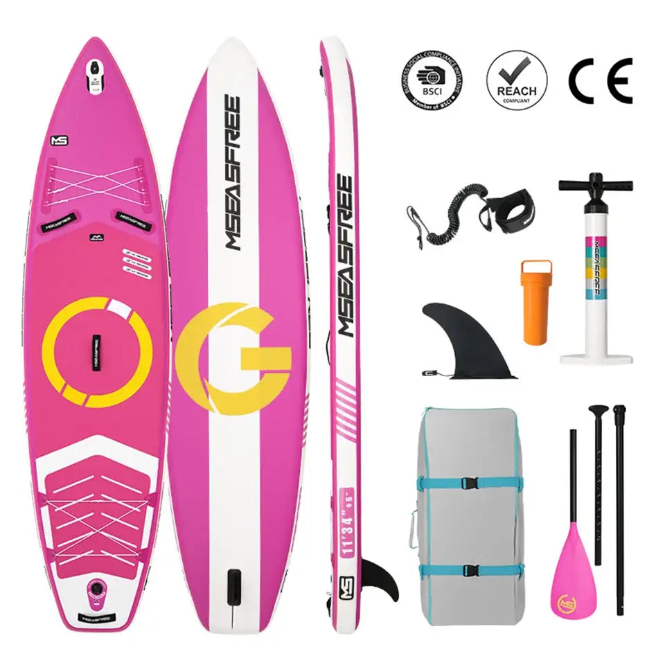 Paddle gonflable antidérapant rose et blanc avec logo jaune, stabilité exceptionnelle et rangement sécurisé inclus