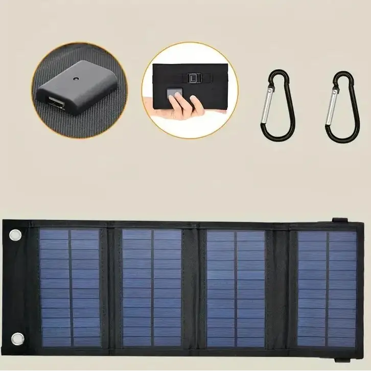 Panneau solaire pliable noir avec cellules photovoltaïques bleues et port USB compact pour smartphone solaire pliable usb