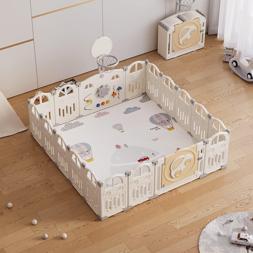 Foldable baby playpen with a small basketball hoop and 50 colorful balls