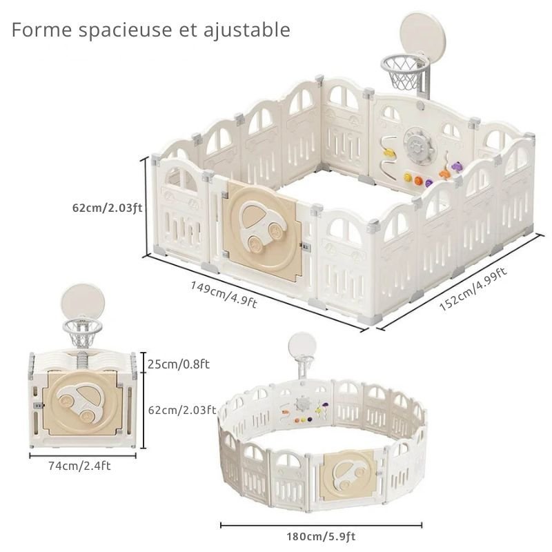 Foldable baby playpen with a small basketball hoop and 50 colorful balls