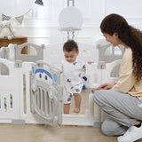 White and grey foldable baby playpen with mini basketball hoop and 50 colourful balls