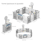 White and grey foldable baby playpen with mini basketball hoop and 50 colourful balls