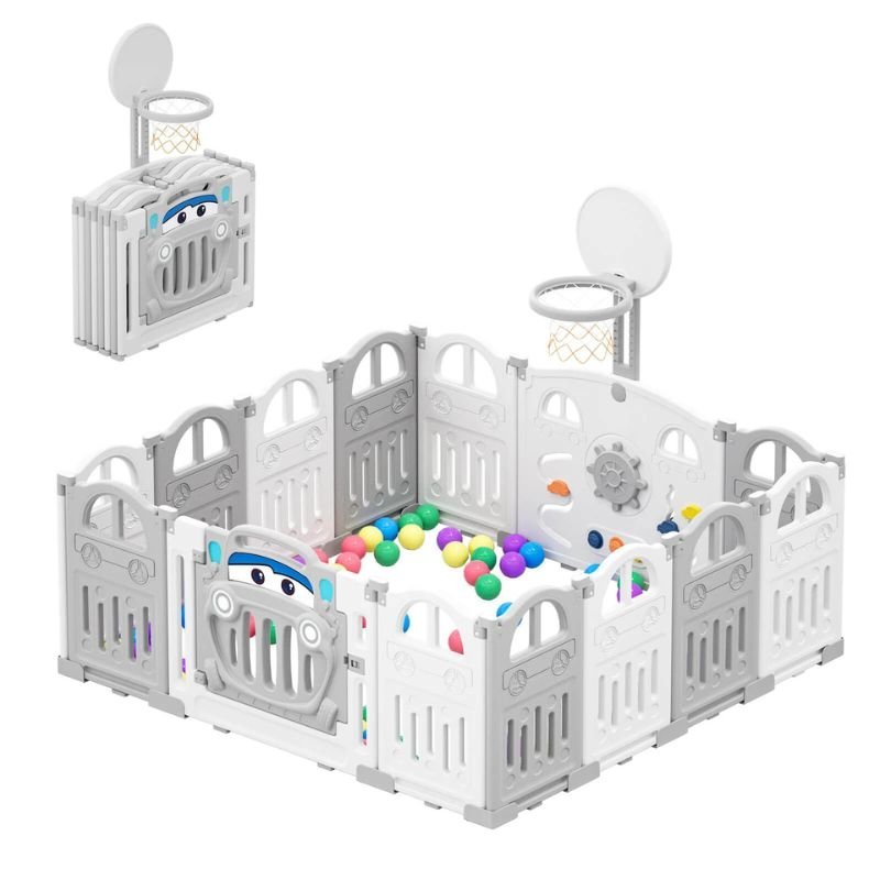 White and grey foldable baby playpen with mini basketball hoop and 50 colourful balls