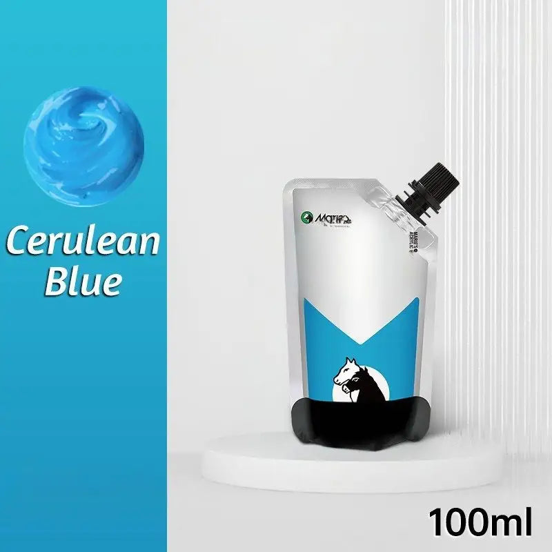 Peinture acrylique 100ml cerulean blue en pochette refermable avec graphisme cheval noir et blanc, couleurs vibrantes et couvrance exceptionnelle