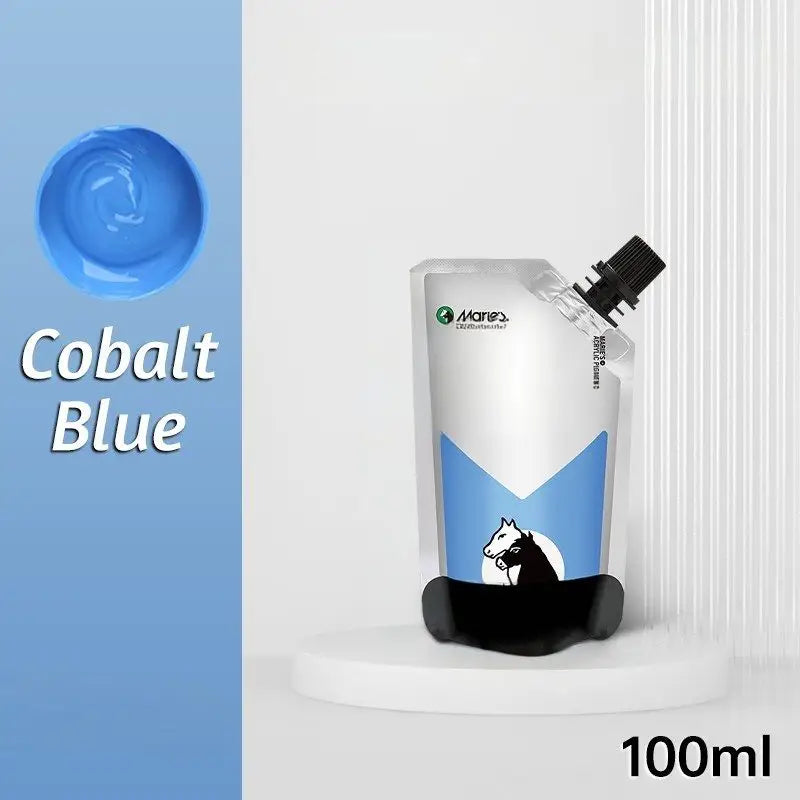 Peinture acrylique 100ml couleur cobalt bleu en pochette refermable avec capuchon noir et design minimaliste horse silhouette