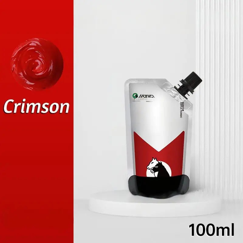 Une poche blanche et rouge avec logo cheval noir et bec refermable claire pour peinture acrylique 100ml aux couleurs vibrantes