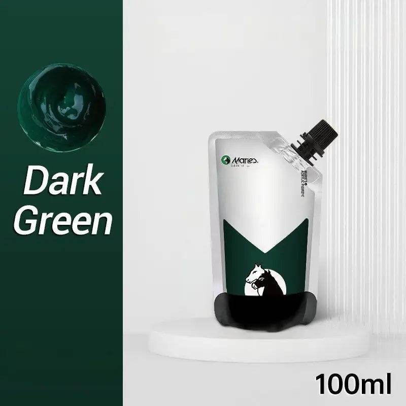 Peinture acrylique 100ml maries en poche blanche et verte avec liquide vert foncé offrant couleurs vibrantes et couvrance exceptionnelle