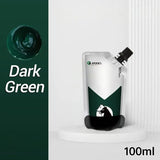 Peinture acrylique 100ml maries en poche blanche et verte avec liquide vert foncé offrant couleurs vibrantes et couvrance exceptionnelle