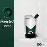 Pouch peinture acrylique 100ml blanc et vert forêt avec capuchon noir et logo cheval minimaliste, couvrance exceptionnelle