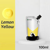 Peinture acrylique 100ml en sachet souple argent et jaune citron avec silhouette cheval minimaliste pour figurine aux couleurs vibrantes et couvrance exceptionnelle