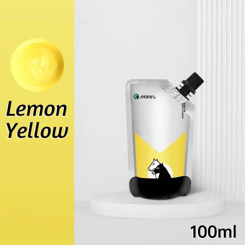 Peinture acrylique 100ml en sachet souple argent et jaune citron avec silhouette cheval minimaliste pour figurine aux couleurs vibrantes et couvrance exceptionnelle