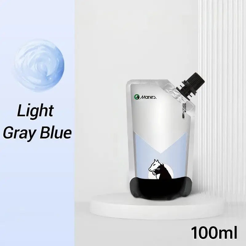 Peinture acrylique 100ml en pochette resealable gris bleu clair avec silhouette cheval noir pour couleurs vibrantes et couvrance exceptionnelle