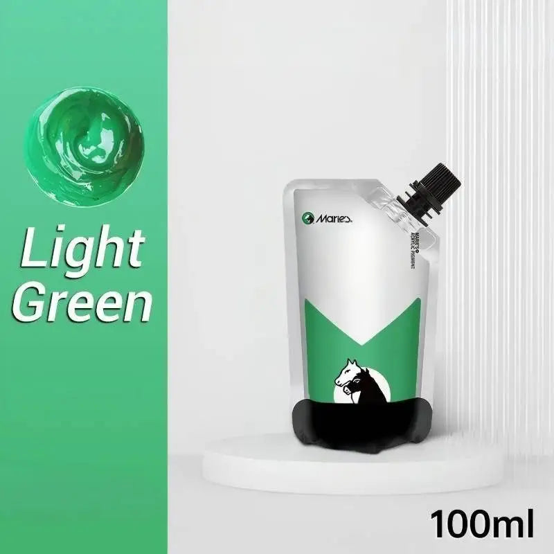 Peinture acrylique 100ml vert clair avec capuchon noir et étiquette blanche silhouette cheval pour figurine
