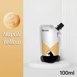 Peinture acrylique 100ml dans une pochette argent et or avec bouchon noir, design minimaliste cheval, couleurs vibrantes et couvrance exceptionnelle