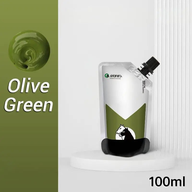 Pouch olive verte 100ml peinture acrylique pour figurine avec cheval silhouette et design graphique blanc noir