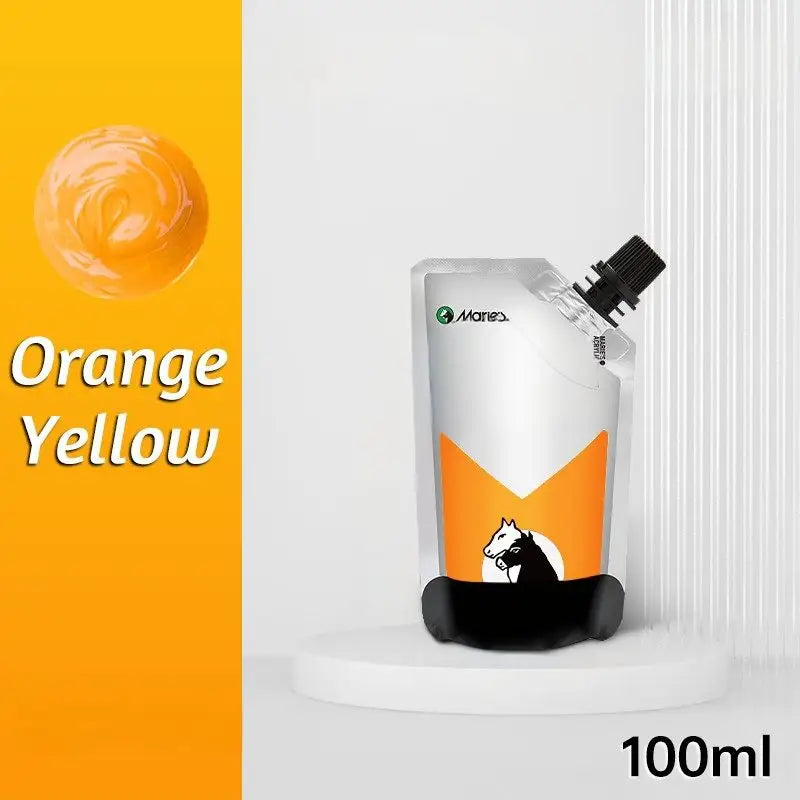 Peinture acrylique 100ml maries en pochette blanc et orange avec capuchon noir et graphique cheval pour couleurs vibrantes et couvrance exceptionnelle