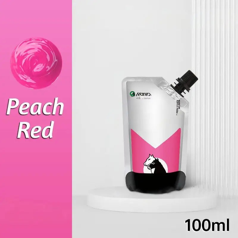 Sachet souple 100ml de peinture acrylique peach red avec silhouette de cheval noir pour couleurs vibrantes et couvrance exceptionnelle