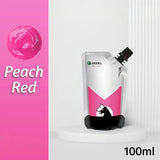 Sachet souple 100ml de peinture acrylique peach red avec silhouette de cheval noir pour couleurs vibrantes et couvrance exceptionnelle