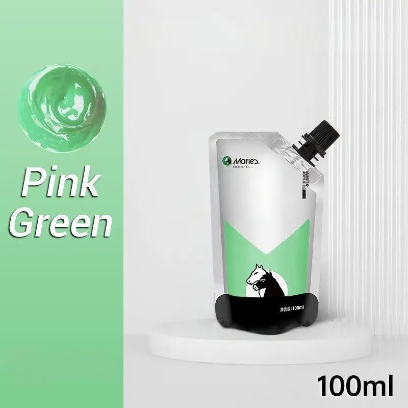 Peinture acrylique 100ml en pouch argenté et rose avec silhouette blanche de cheval offrant couleurs vibrantes et couvrance exceptionnelle