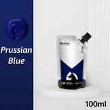 Peinture acrylique 100ml en pouch blanc et prusse bleu avec capuchon noir et logo cheval pour couleurs vibrantes et couvrance exceptionnelle