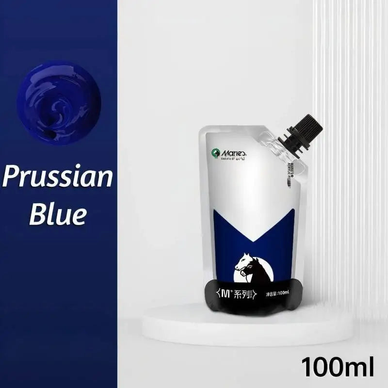 Peinture acrylique 100ml en pouch blanc et prusse bleu avec capuchon noir et logo cheval pour couleurs vibrantes et couvrance exceptionnelle