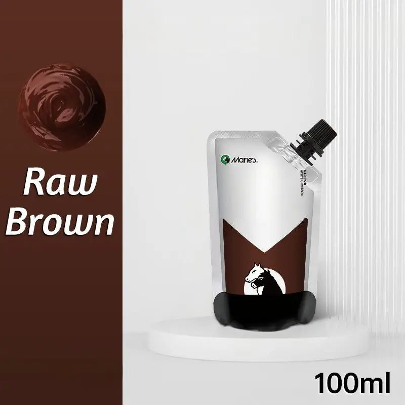 Peinture acrylique 100ml dans une pochette argentée et brune avec un capuchon noir et un cheval blanc pour des couleurs vibrantes et une couvrance exceptionnelle