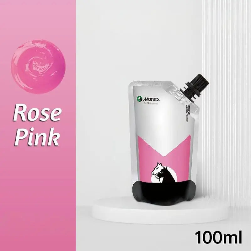 Pochette en forme de pétale de rose rose avec bouchon noir et illustration cheval blanc peinture acrylique 100ml couleurs vibrantes couvrance exceptionnelle