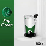 Peinture acrylique 100ml manes en pochette blanche et verte avec bouchon noir offrant couleurs vibrantes et couvrance exceptionnelle