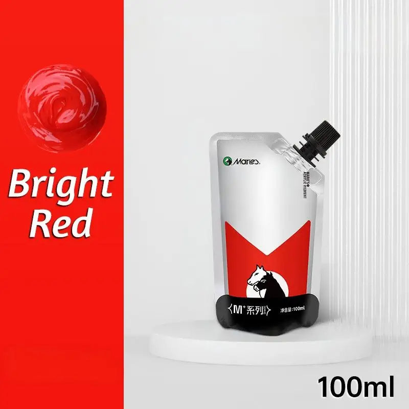 Peinture acrylique 100ml en pochette rouge vif avec logo cheval offrant couleurs vibrantes et couvrance exceptionnelle
