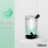 Peinture acrylique 100ml en pochette verte et blanche avec capuchon noir et silhouette de cheval pour couleurs vibrantes
