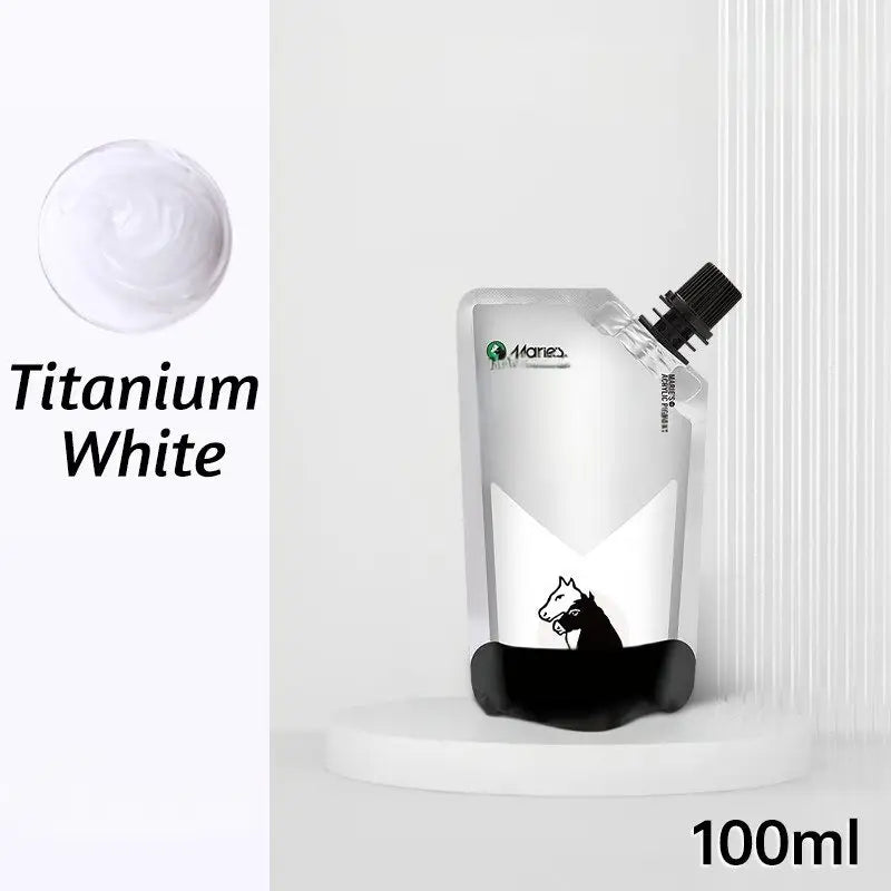 Peinture acrylique 100ml titanium white en pochette souple avec capuchon noir et silhouette de cheval pour couleurs vibrantes