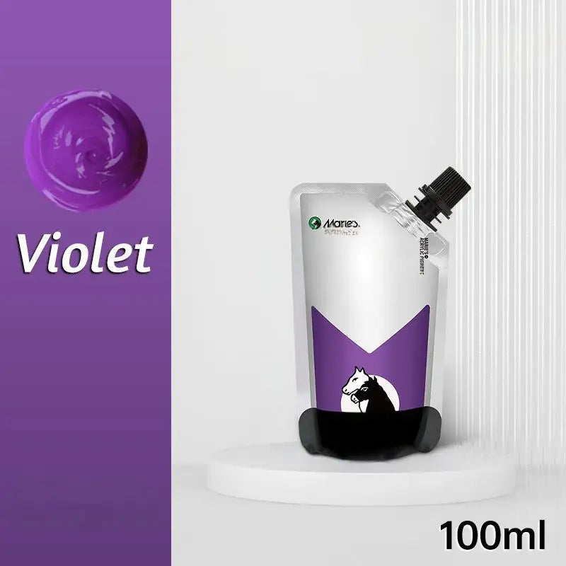 Peinture acrylique 100ml en pochette argentée et violette avec bec noir et silhouette minimaliste de cheval pour couleurs vibrantes et couvrance exceptionnelle