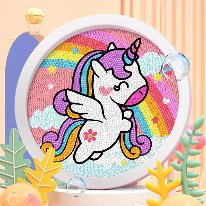 Peinture diamant enfant tableau diamant ronds avec licorne colorée et fond arc-en-ciel aux détails scintillants
